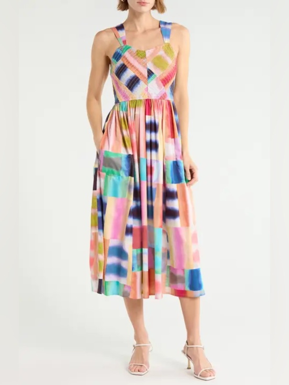 New NIC+ZOE Portofino Sarah Dress Abstract Tile Smocked Midi Pocket Picnic Retro
